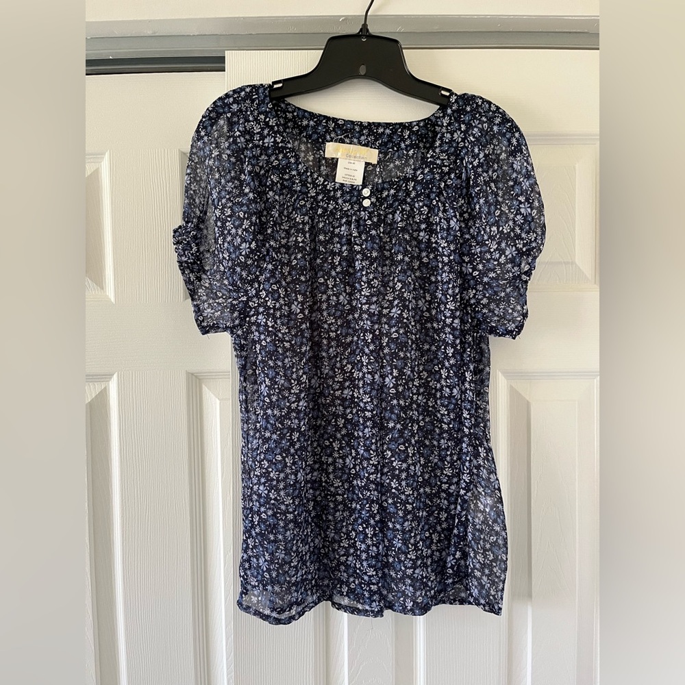 LOFT Blue Puff Sleeve Smocked Blouse